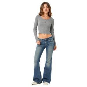 Tilly's White Fawn Crop Top XL Jr Ribbed Knit Buttons Pullover Gray Lettuce Edge